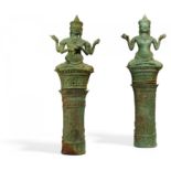 TWO RARE TANTRIC BUDDHIST FIGURES ON HIGH PEDESTALS. Origin: Khmer. Angkor Wat. Dynasty: Bayon