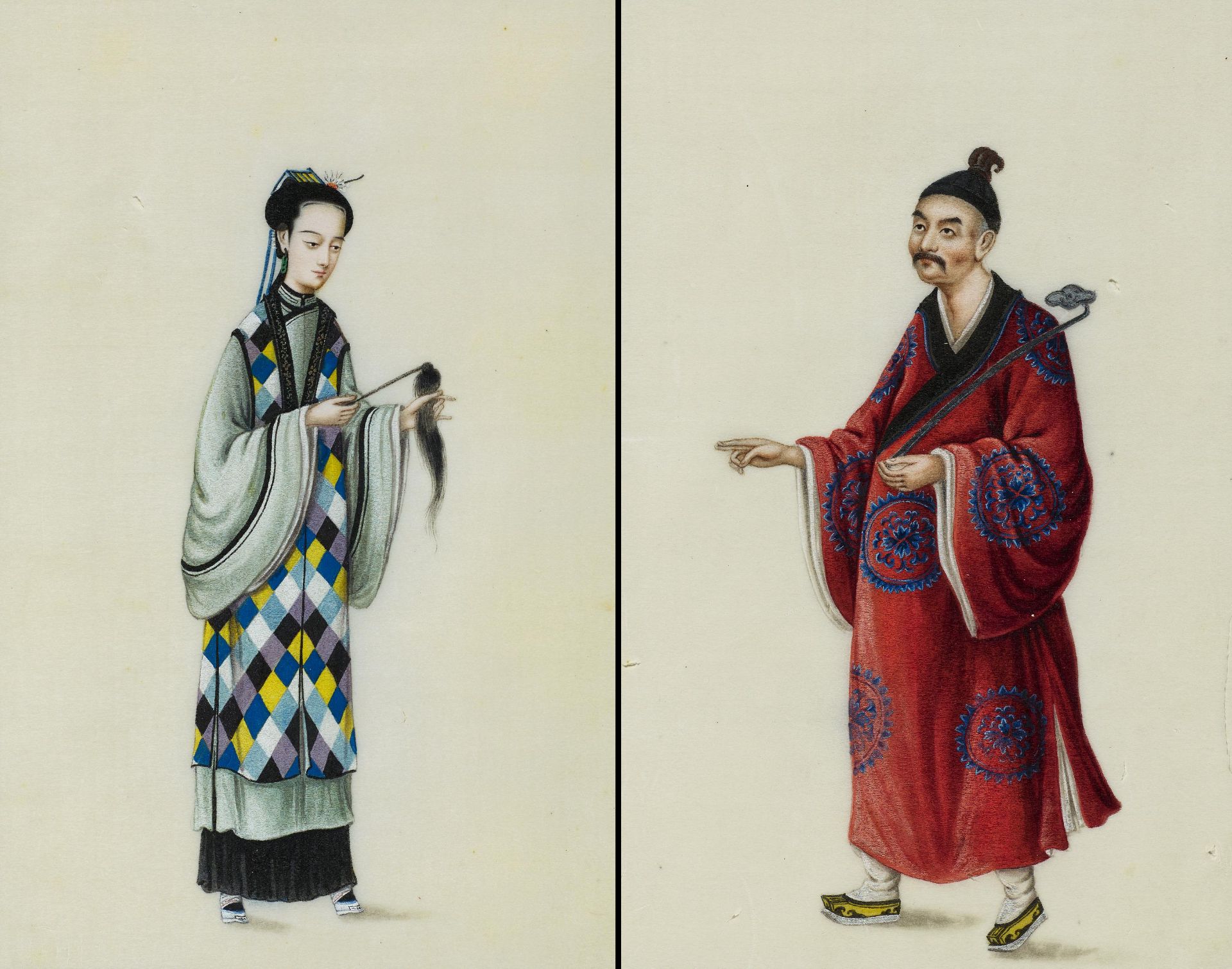 PAIR OF PAINTINGS OF DAOIST NUN AND MONK. Origin: China. Dynasty: Late Qing dynasty. Date: 1st