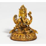 FOUR-ARMED GENESHA WITH VAHANA. Origin: Nepal. Technique: Old copper bronze with gilding.