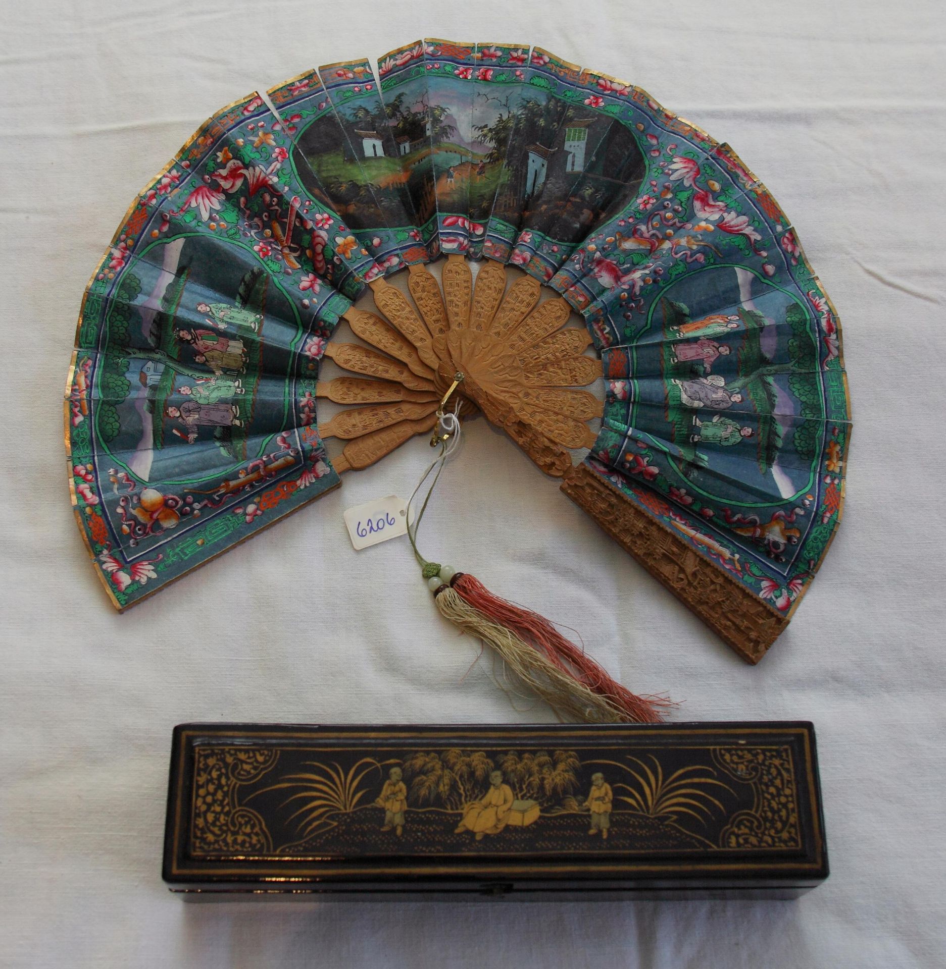 TWO FANS WITH GENRE SCENES, LANDSCAPES AND FLOWERS. Origin: China. Dynasty: Qing dynasty. Date: - Bild 4 aus 11