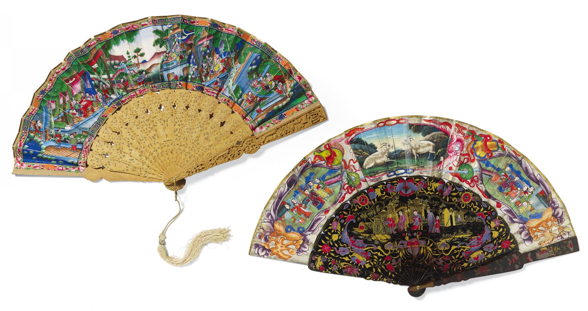 TWO FANS WITH GENRE SCENES, LANDSCAPES AND ANIMALS. Origin: China. Dynasty: Qing dynasty. Date: