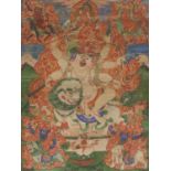 RARE THANGKA OF PEHAR GYALPO. Origin: Mongolia. Date: 18th-19th c. Technique: Pigments and metal