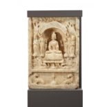 STELE WITH BUDDHA, BODHISATTVA AND MONKS. Origin: China. Dynasty: Northern and Southern dynasties (