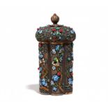 FLOWER SHAPED TEA CADDY WITH FLOWERING TWIGS AND SINGING BIRDS. Origin: China. Date: 20th c.