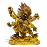 SADBHUJA MAHAKALA. Origin: Tibet. Technique: Old copper bronze with fire gilding, cold painting