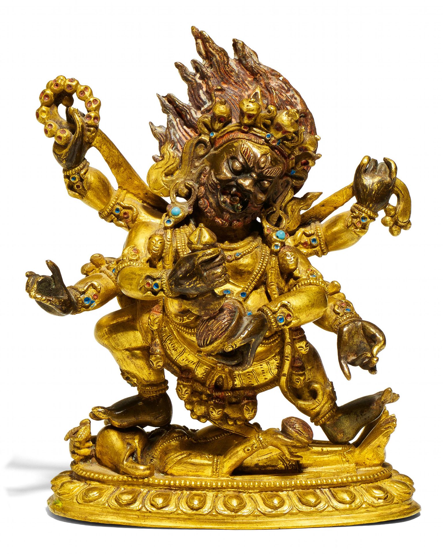 SADBHUJA MAHAKALA. Origin: Tibet. Technique: Old copper bronze with fire gilding, cold painting