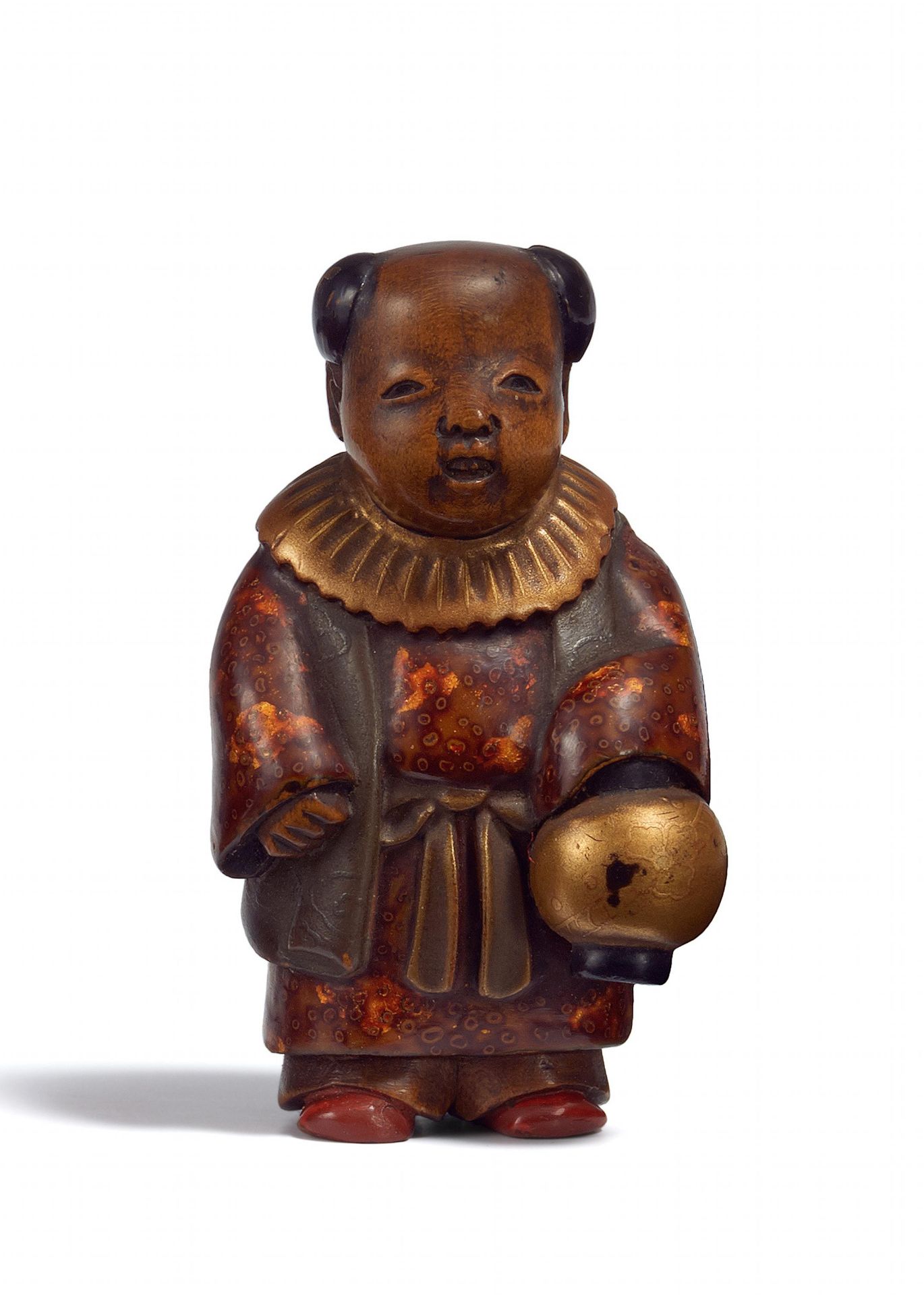 NETSUKE: KARAKO IN FESTIVE ROBE WITH LANTERN. Origin: Japan. Date: 19th c. Technique: Wood with