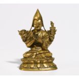 TSONGKHAPA WITH TWO COMPANIONS ON SHOULDERS. Origin: Tibet. Dynasty: 19th c. Technique: Old fire