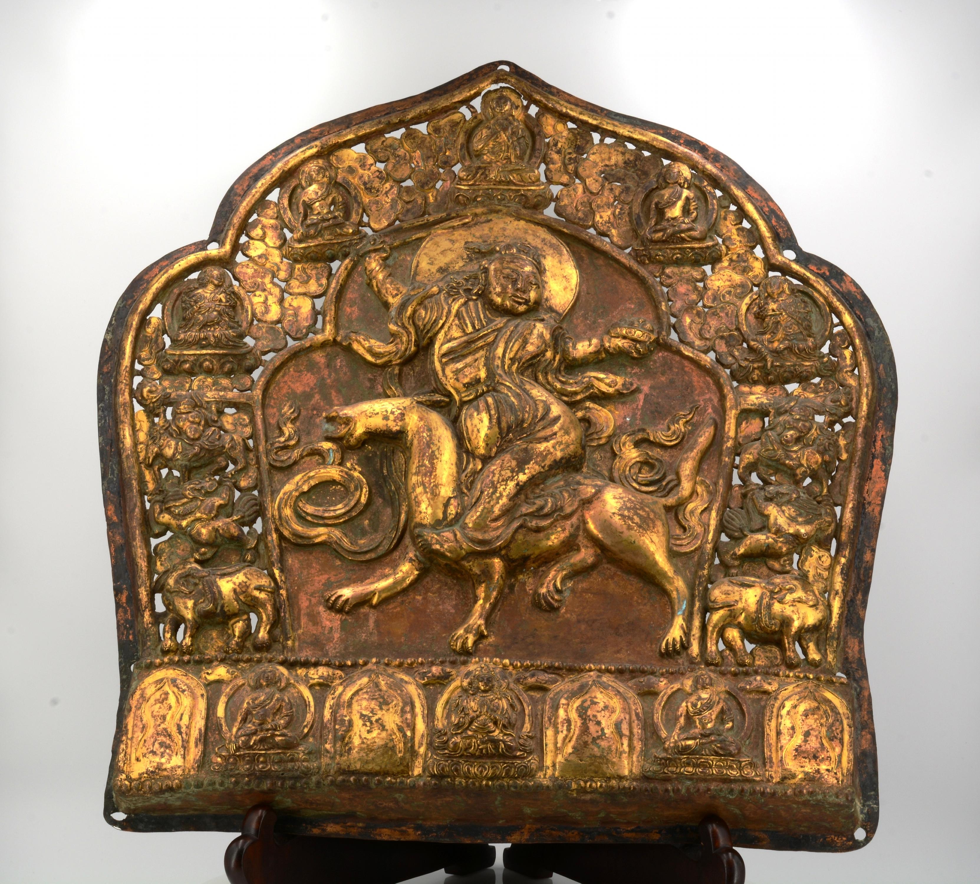 IMPORTANT RELIEF WITH FEMALE DEITY RIDING ON A WOLF. Origin: Tibet. Date: 18th c. Technique: - Image 3 of 8