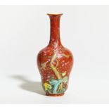 LONG-NECKED VASE WITH FLOWERING PLUM TREE AND SONGBIRDS. Origin: China. Technique: Porcelain painted