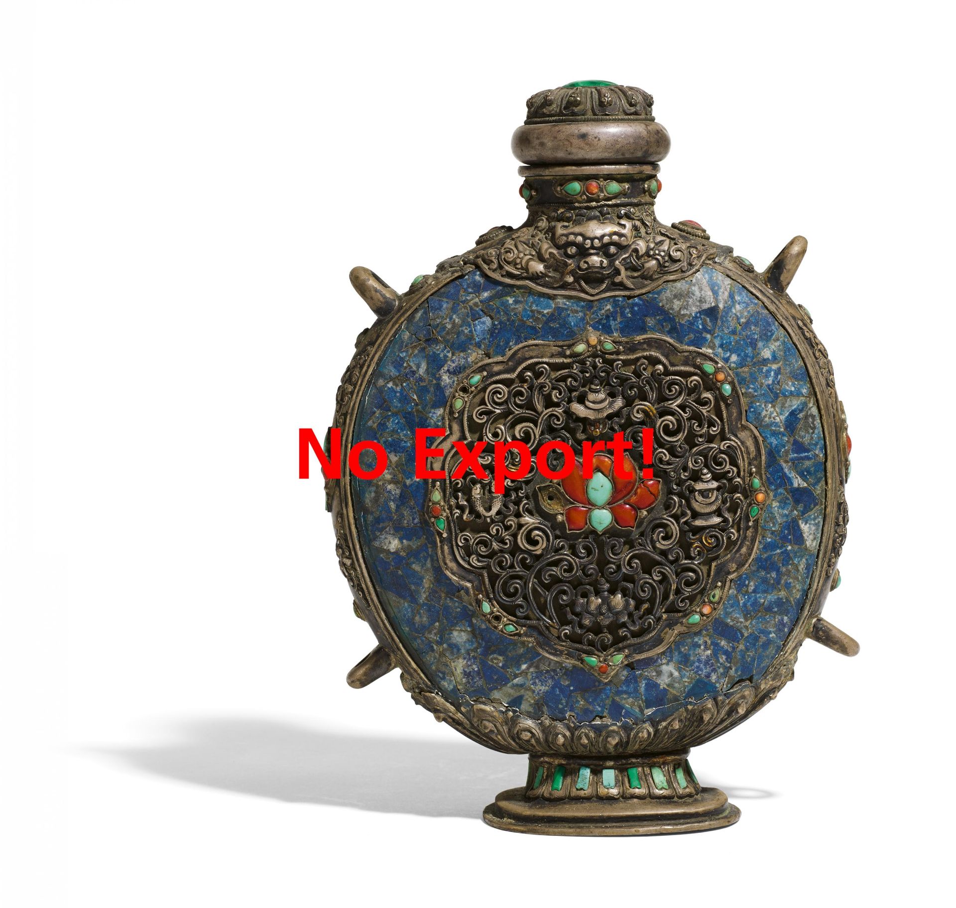 A PILGRIM BOTTLE WITH THE ASHTAMANGALA. Origin: Tibet / Mongolia. Date: 19th-20th c. Technique: