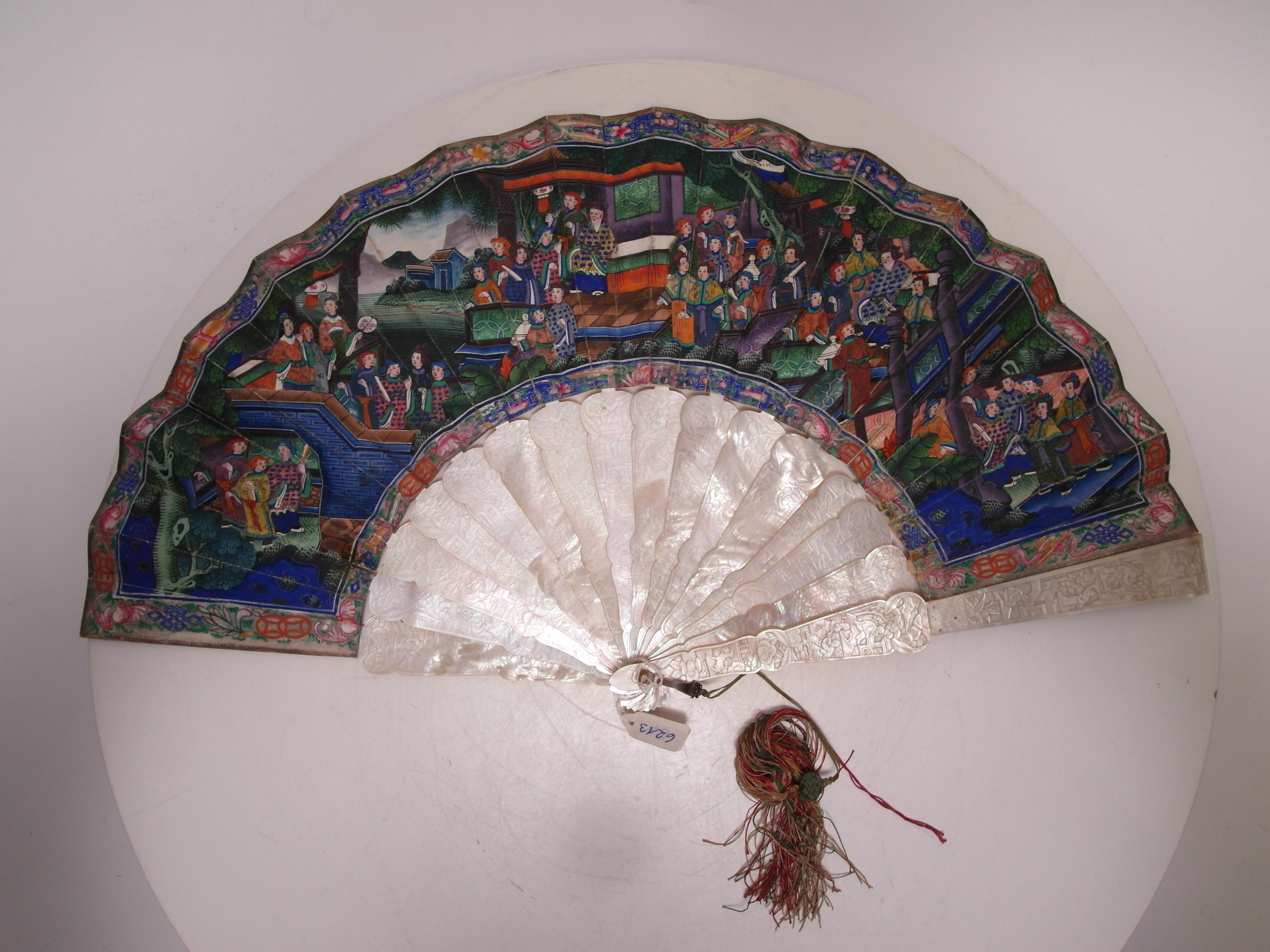 TWO FANS WITH GENRE SCENES, LANDSCAPES AND FLOWERS. Origin: China. Dynasty: Qing dynasty. Date: - Image 8 of 11