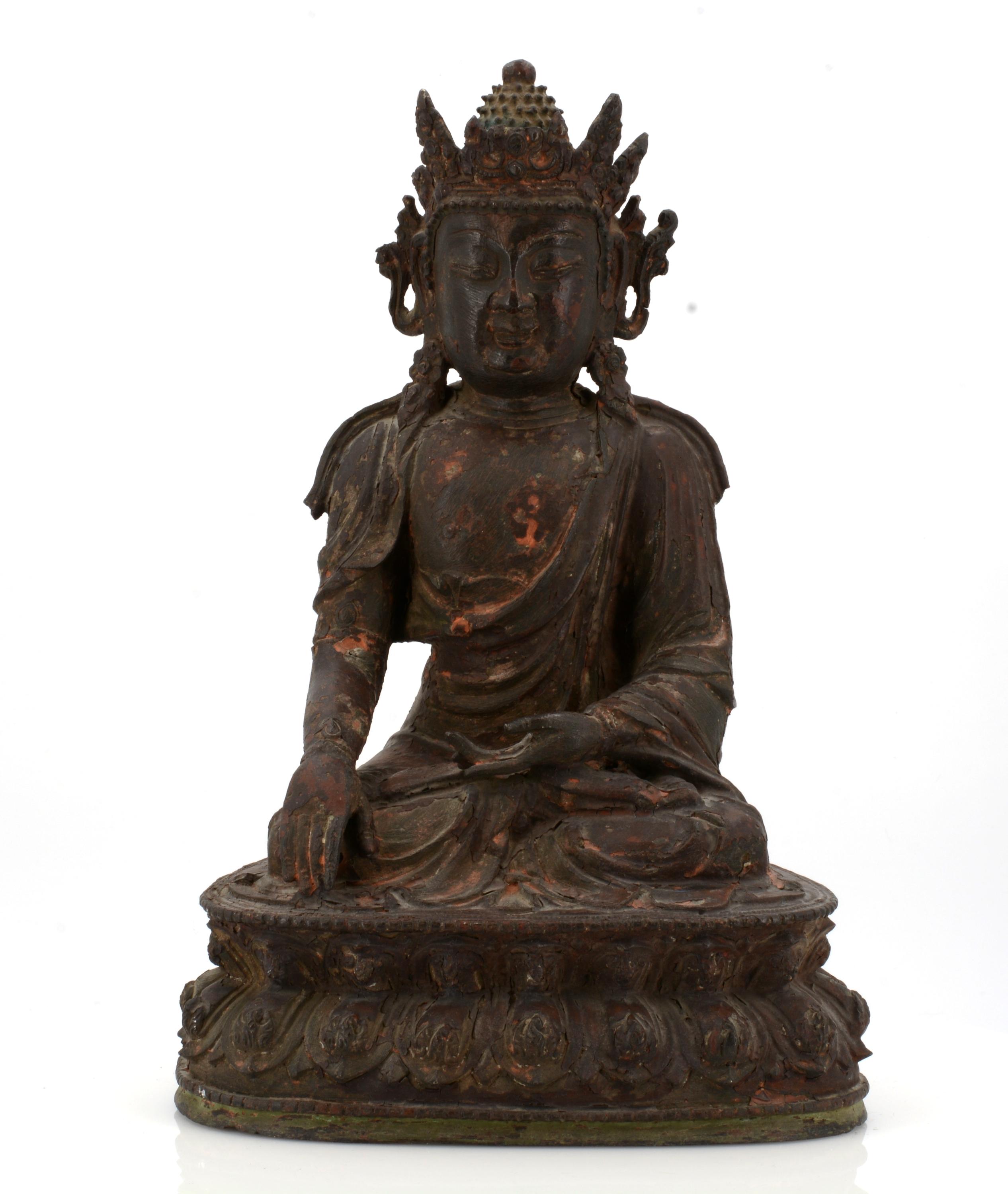 BUDDHA IN BHUMISPARSA MUDRA. Origin: China. Date: 16th/17th c. Technique: Bronze with lacquer - Image 3 of 11