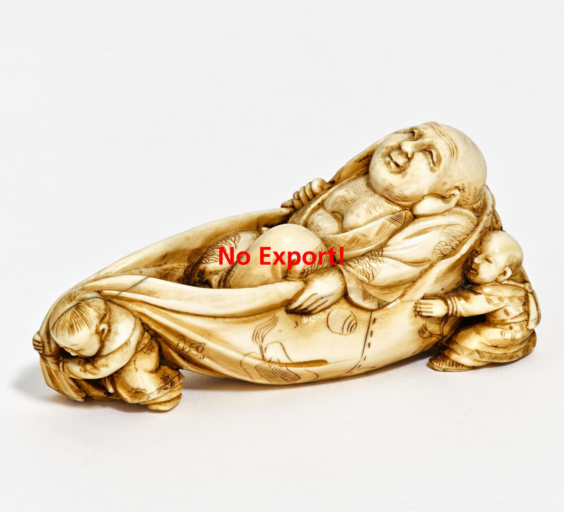 LARGE NETSUKE OF HOTEI WITH KARAKO. Origin: Japan. Date: 19th c. Technique: Ivory finely carved