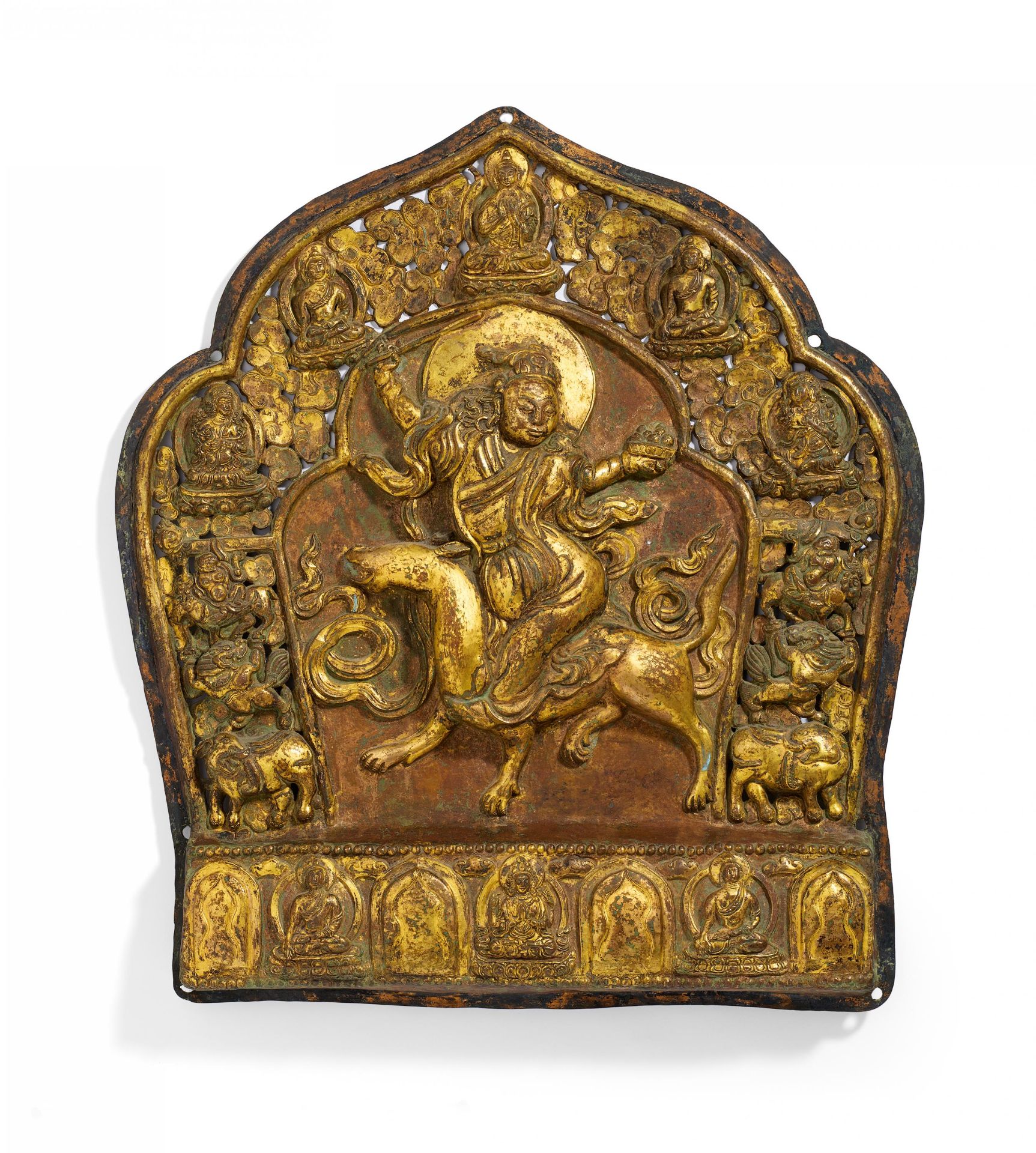 IMPORTANT RELIEF WITH FEMALE DEITY RIDING ON A WOLF. Origin: Tibet. Date: 18th c. Technique: