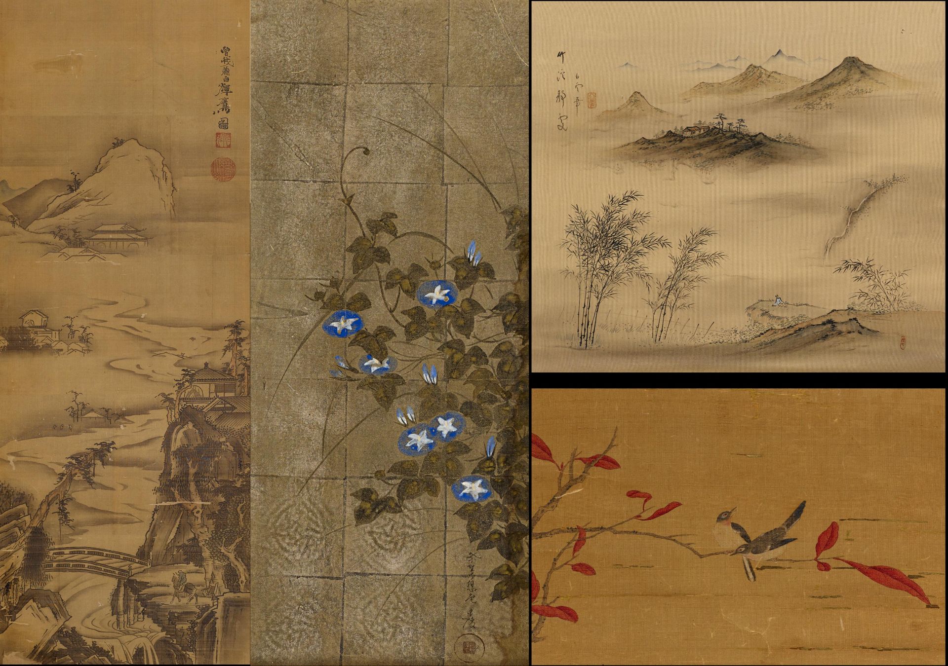 FOUR HANGING SCROLLS WITH LANDSCAPES AND FLOWERS. Origin: Japan. Dynasty: Edo to Meiji period. Date: