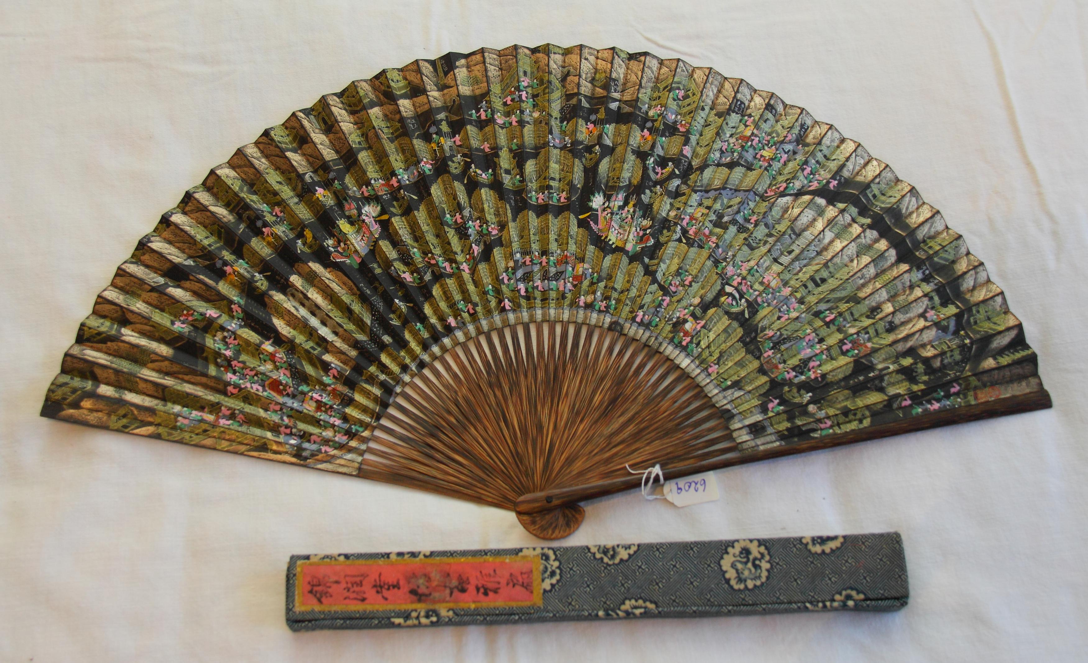 FAN WITH GENRE SCENES AND FAN FROM SHU LIAN JI WITH VIEWS OF THE WEST LAKE AND BUDDHIST TEMPLES. - Image 4 of 14