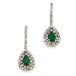 EMERALD-DIAMOND-DROP EARRINGS. Origin: Germany. Date: 1960s. Material: 585/- white gold, with