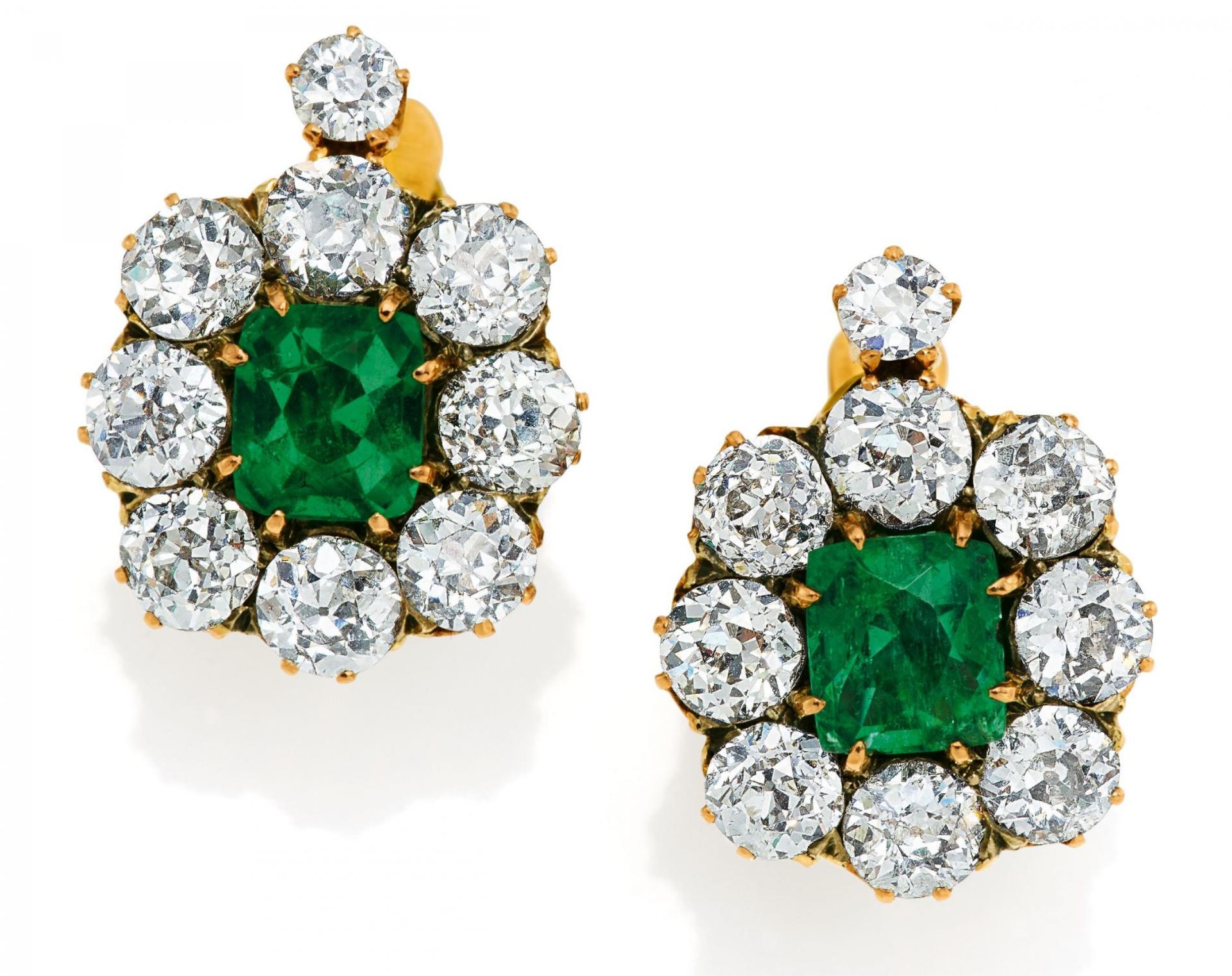 EMERALD-DIAMOND-EAR SCREWS. Date: 1900s. Material: 750/- rose gold, ear screws 750/- yellow gold,