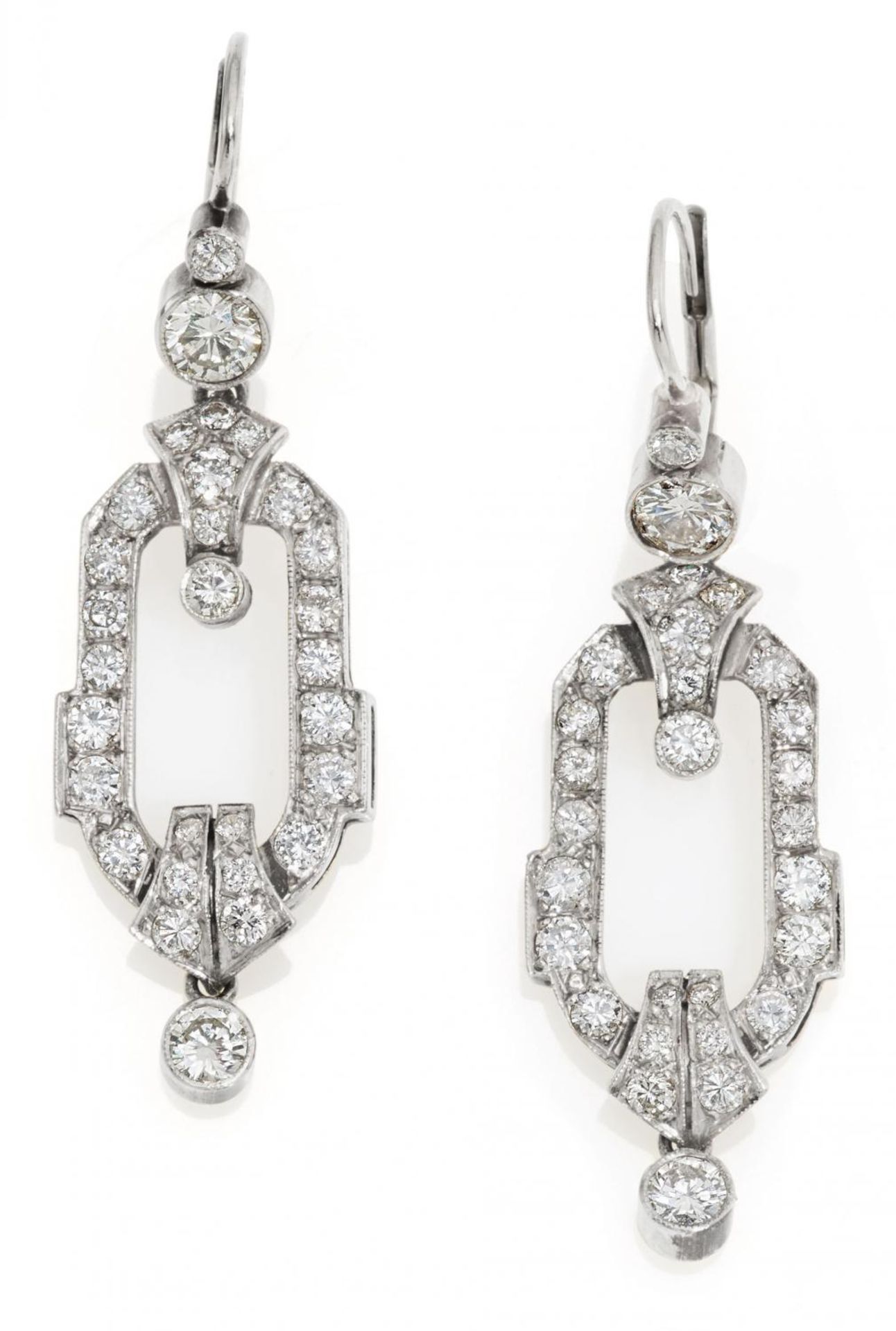 DIAMOND-EAR PENDANTS. Date: 1920s. Material: 585/- white gold, tested. Total Weight: ca. 6,5 g.