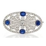 DIAMOND-SAPPHIRE-BROOCH. Origin: France. Date: 1910s. Case/Wristband: Platinum, with mark. Total