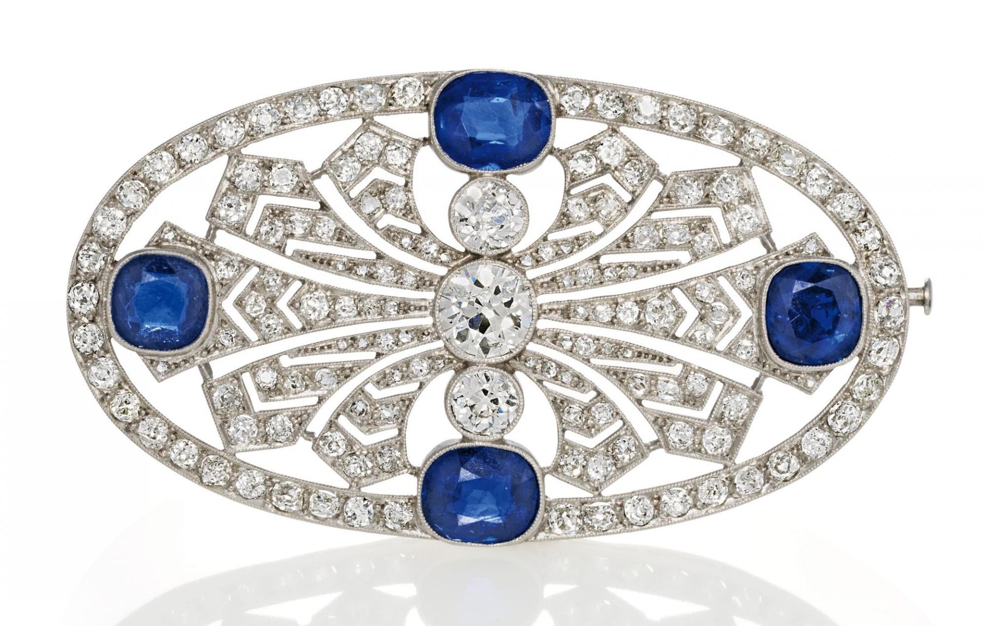 DIAMOND-SAPPHIRE-BROOCH. Origin: France. Date: 1910s. Case/Wristband: Platinum, with mark. Total