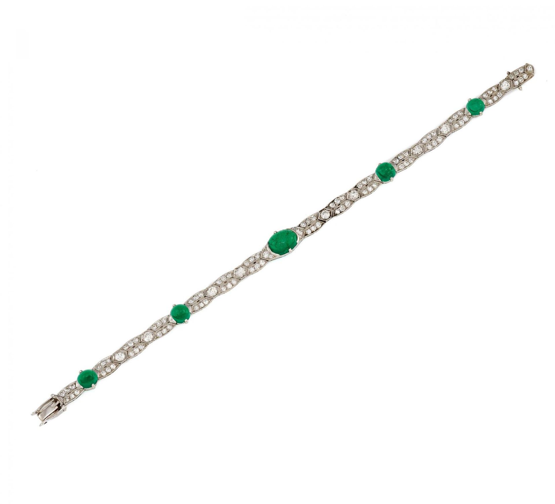 EMERALD-DIAMOND-BRACELET. Date: 1920s. Material: Platinum, tested. Total Weight: ca. 16,5 g. - Bild 2 aus 2