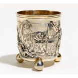 LARGE, PARTIALLY GILT SILVER BEAKER WITH BALL FEET AND SCENE IN CLASSIC ANTIQUE DESIGN. Augsburg.