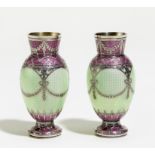 PAIR OF SMALL DECORATIVE VASES MADE OF SILVER WITH GILT INTERIOR AND TRANSLUCENT ENAMEL. Date: