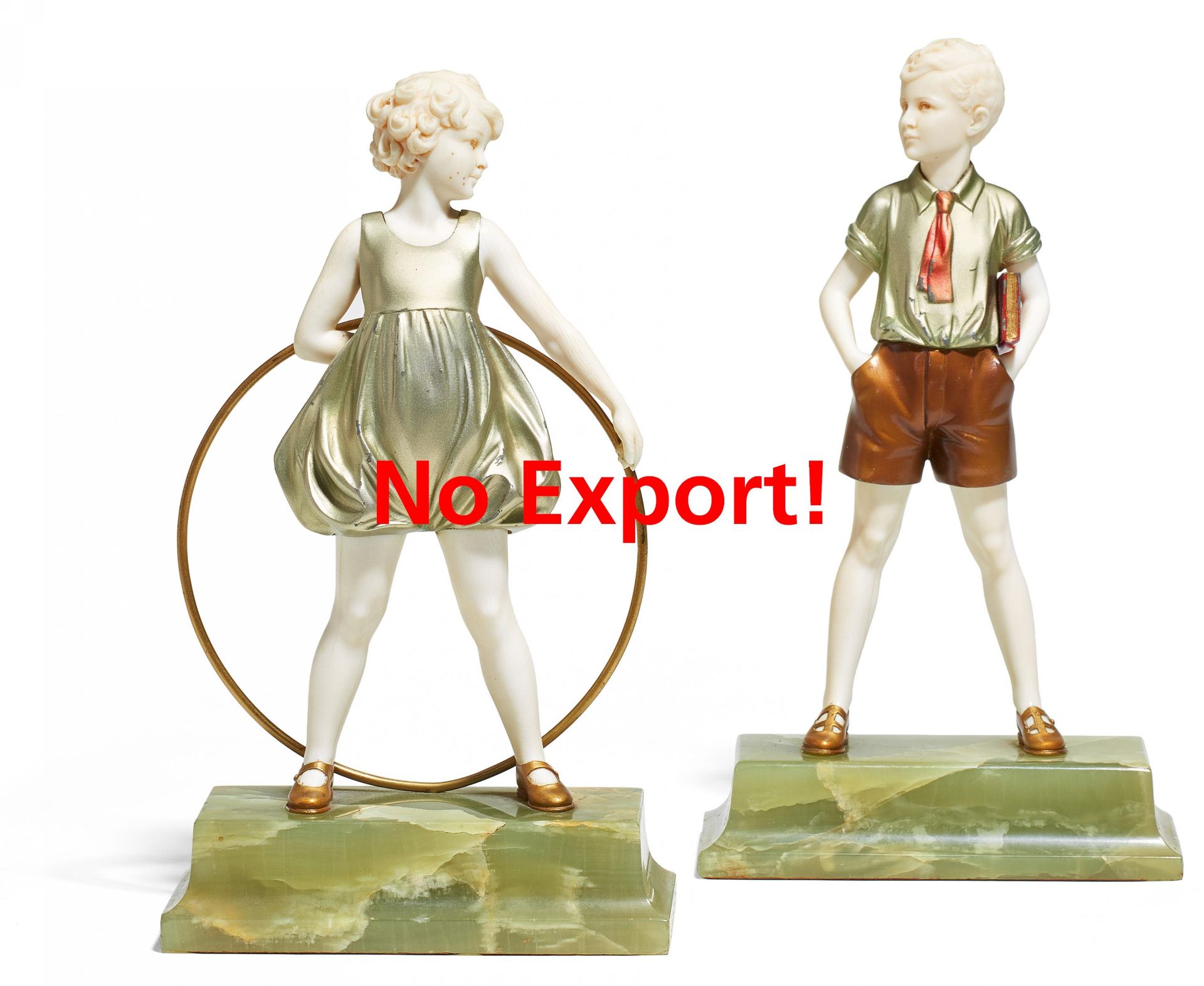 BRONZE AND IVORY FIGURINES OF "SONNY BOY" AND "HOOP GIRL" ON ONYX BASE. Preiss, Ferdinand. 1892