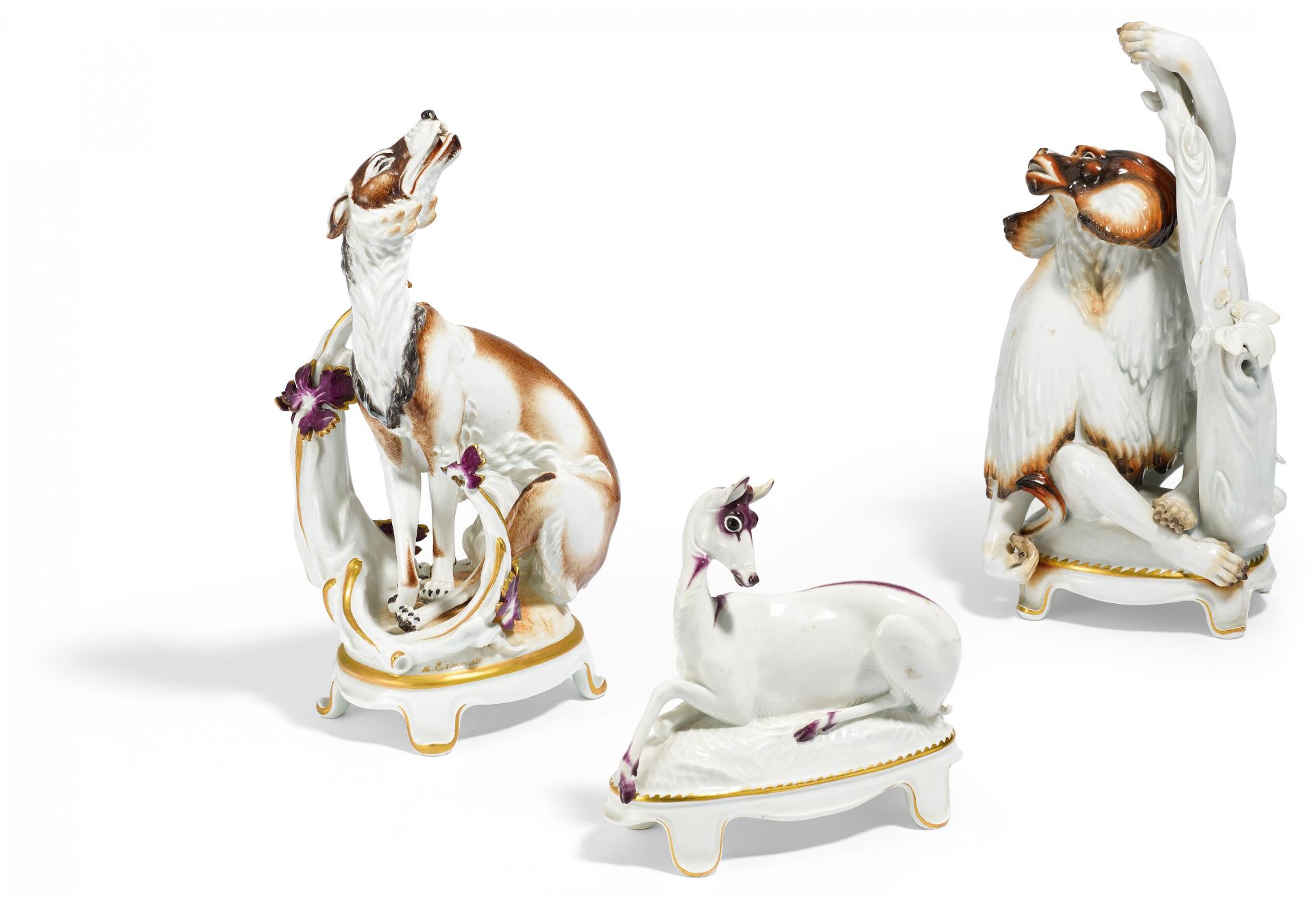 PORCELAIN FIGURINES OF THE BABOON, WOLF AND ROEBUCK FROM THE CENTREPIECE "REINECKE FUCHS".