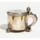 LARGE, PARTIALLY GILT TANKARD WITH BALL FEET. Presumably Baltic States. Date: Dated 1697 on the lid.