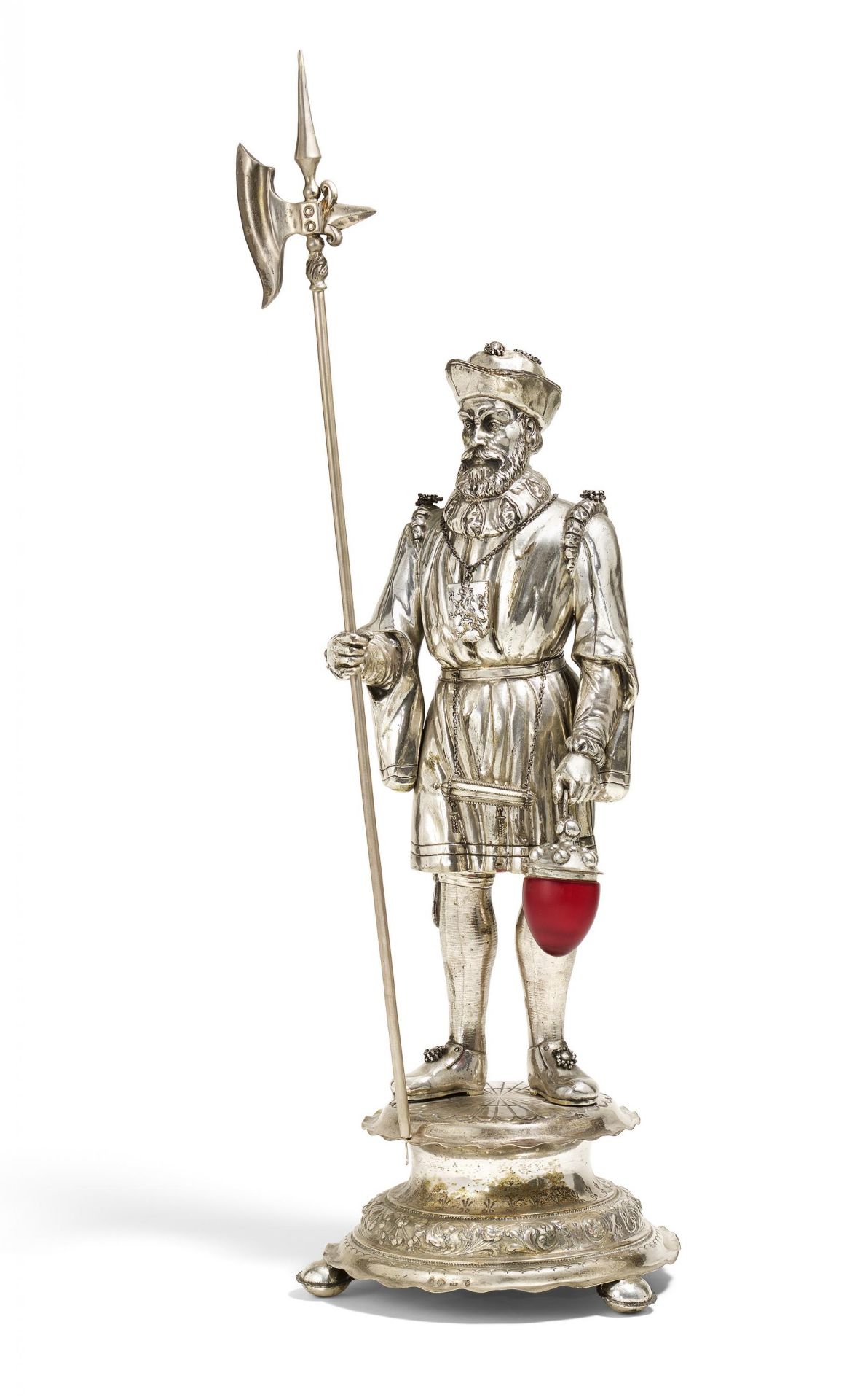 LARGE HISTORISM FIGURINE OF A NIGHT WATCHMAN WITH HALBERD MADE OF SILVER AND RED GLASS. Hanau. Date:
