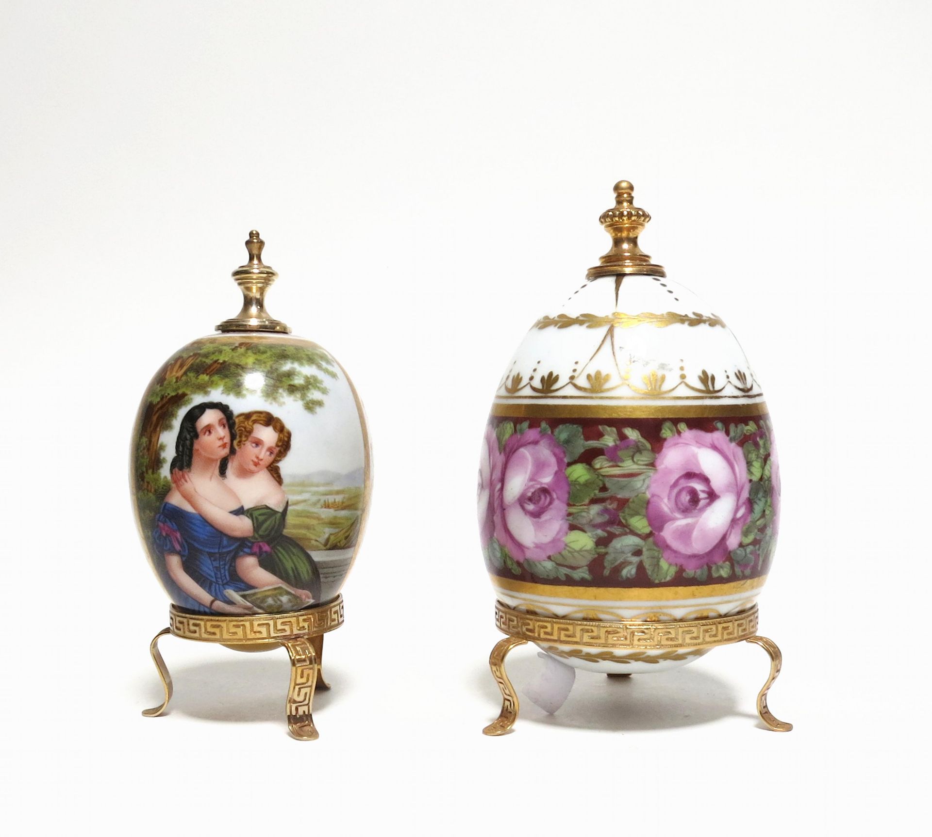 TWO PORCELAIN BIEDERMEIER EASTER EGGS. Presumably Germany. Date: 19th century. Technique: Porcelain,