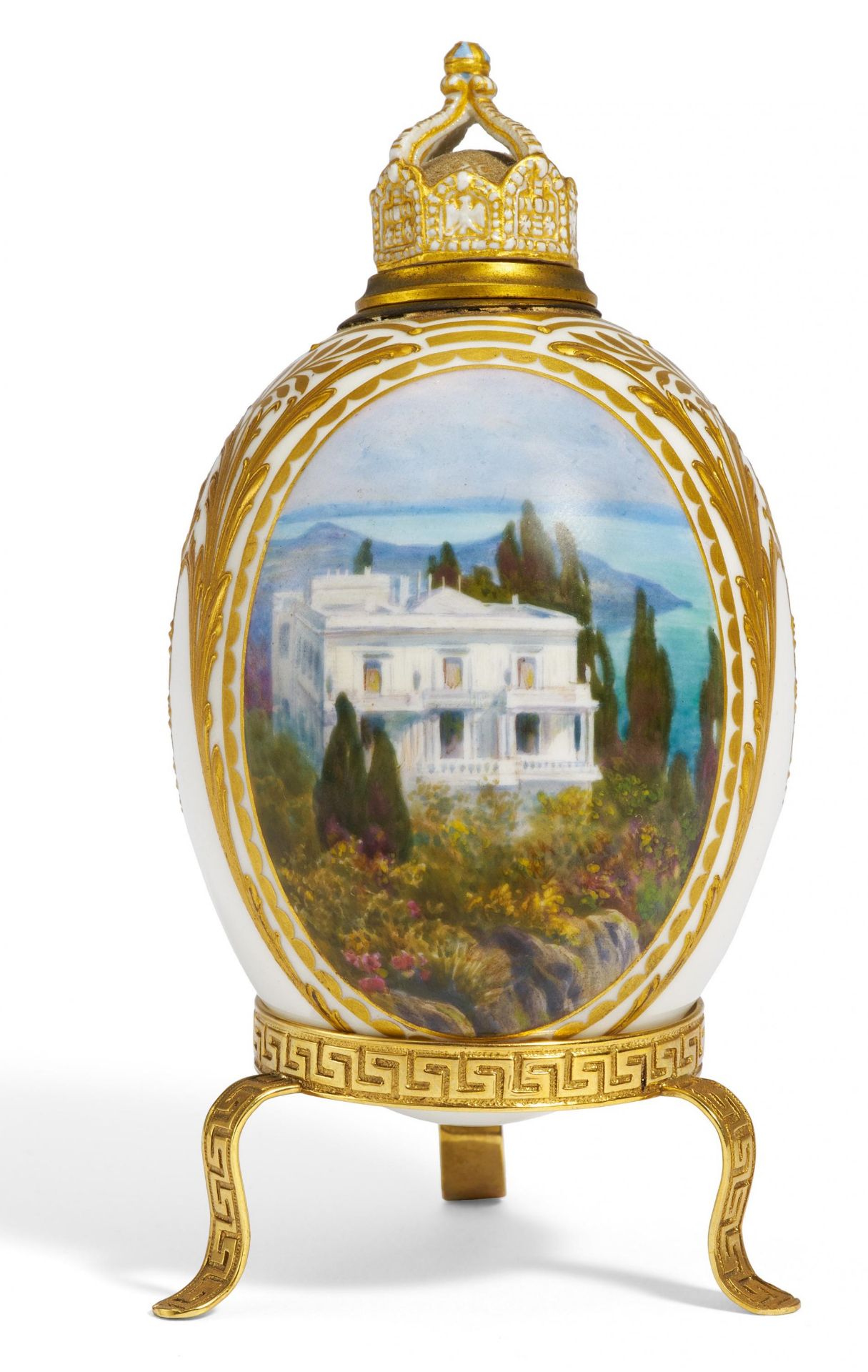 PORCELAIN EASTER EGG FLACON WITH DEPICTION OF THE "ACHILLEION" ON CORFU. KPM. BerlinDate: 19th