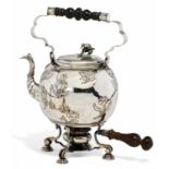 SILVER KETTLE WITH FLORAL DECOR ON WARMER. Presumably Germany. Date: Late 18th century. Technique: