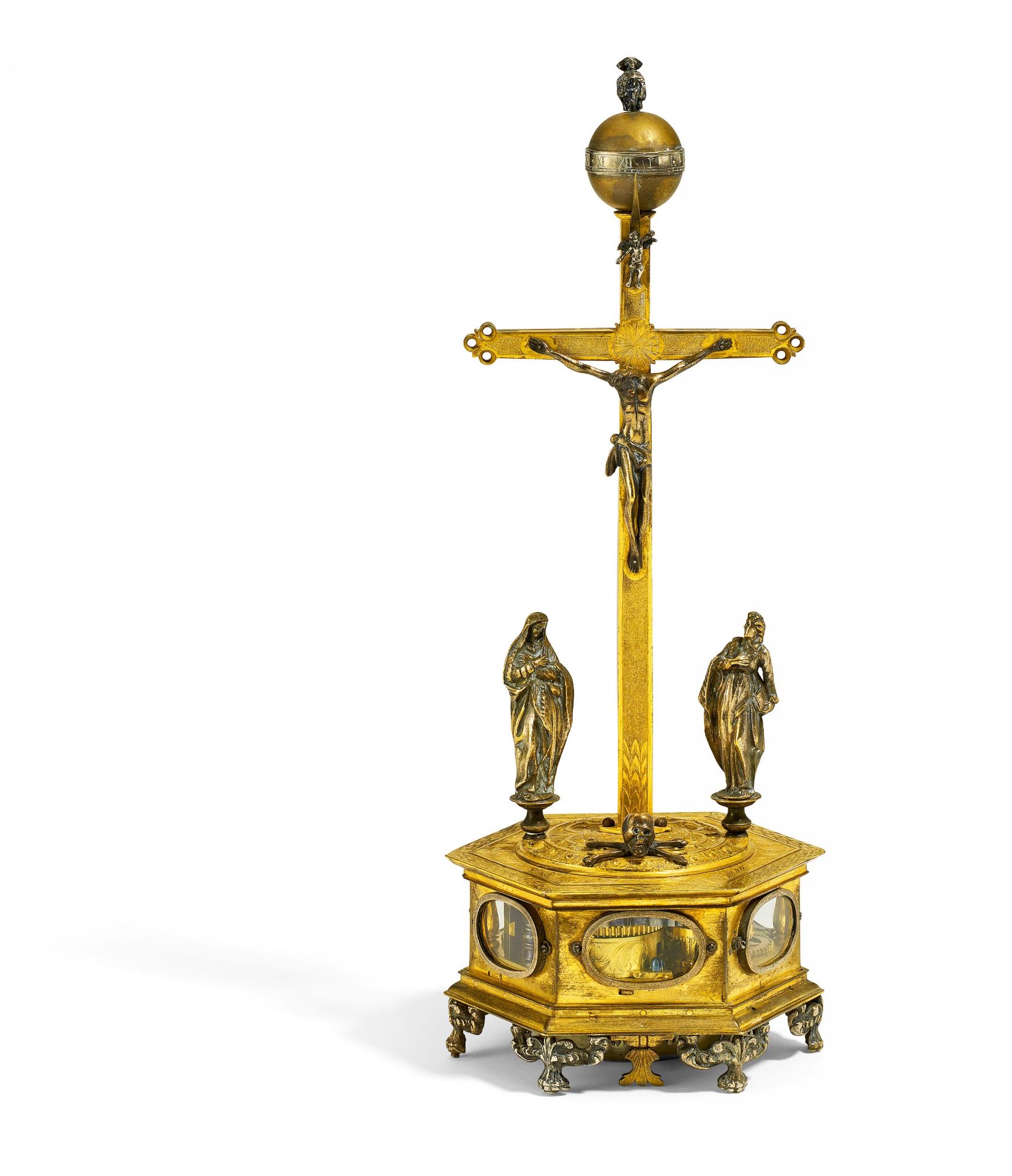 RENAISSANCE CRUCIFIX CLOCK MADE OF GILT AND SILVER-PLATED BRONZE, BRASS AND GLASS. Königsberg. Date: