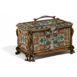 LARGE ART NOUVEAU CASKET WITH SCARABS MADE OF BRONZE, ENAMEL, SILVER MOUNTINGS WITH AN INTERIOR OF