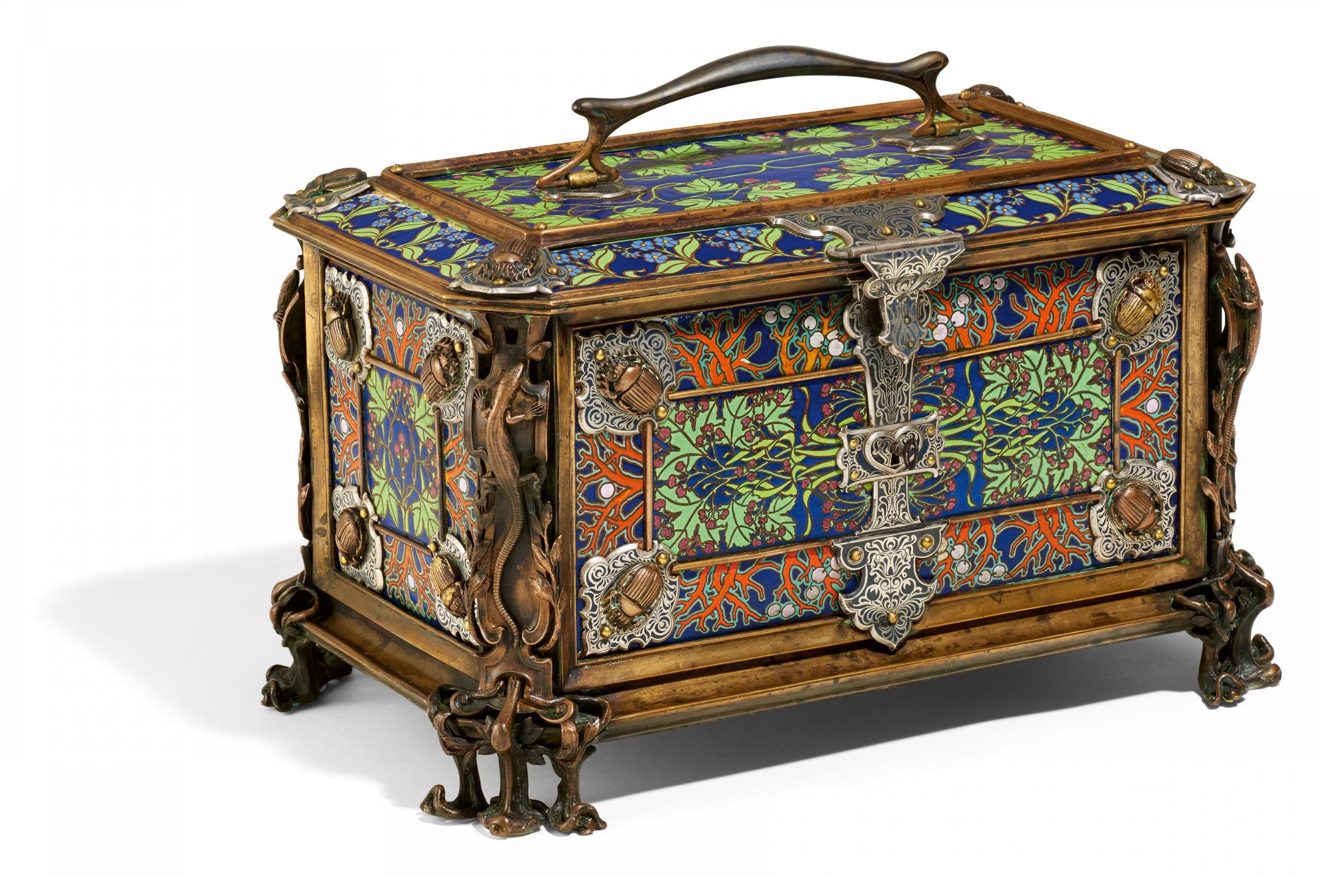 LARGE ART NOUVEAU CASKET WITH SCARABS MADE OF BRONZE, ENAMEL, SILVER MOUNTINGS WITH AN INTERIOR OF