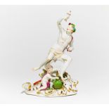 PORCELAIN FIGURINE OF BACCHUS ON A WINE CASK, HAVING A BLAST WITH PUTTO. Meissen. Date: 2nd half