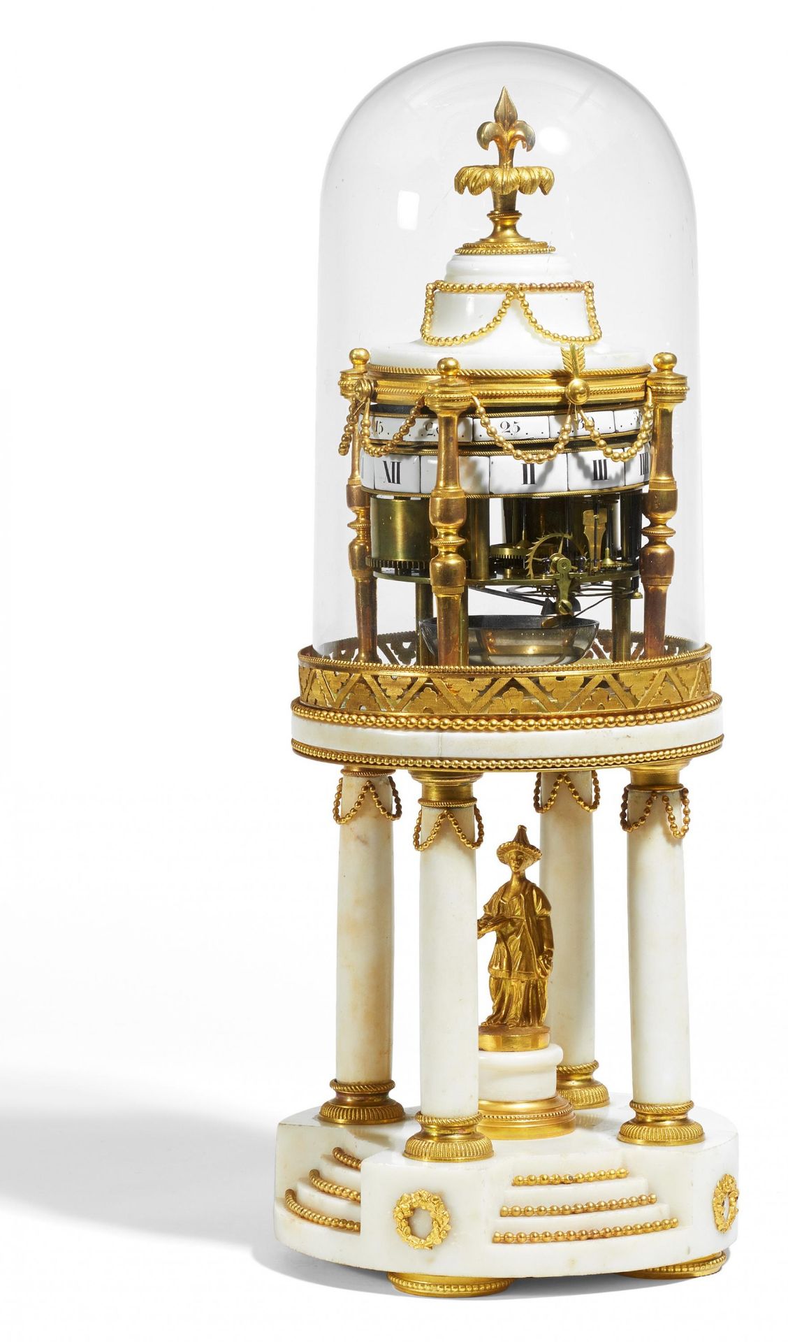 LOUIS XVI PENDULUM CLOCK, SO CALLED "CIRCLE TOURNANT", MADE OF WHITE MARBLE, ENAMEL AND GILT