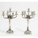 PAIR OF SPLENDID SILVER CANDELABRA WITH DOLPHIN DECOR. Presumably Italy. Date: 20th century.