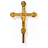 GOTHIC PROCESSIONAL CROSS MADE OF GILT COPPER ON WOODEN CORE. Italy. Date: Presumably around 1500.