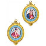 PAIR OF EXTRAORDINARY ENAMEL MINIATURES ON COPPER WITH ORIENTAL COUPLE IN BRASS FRAMES. Germany.