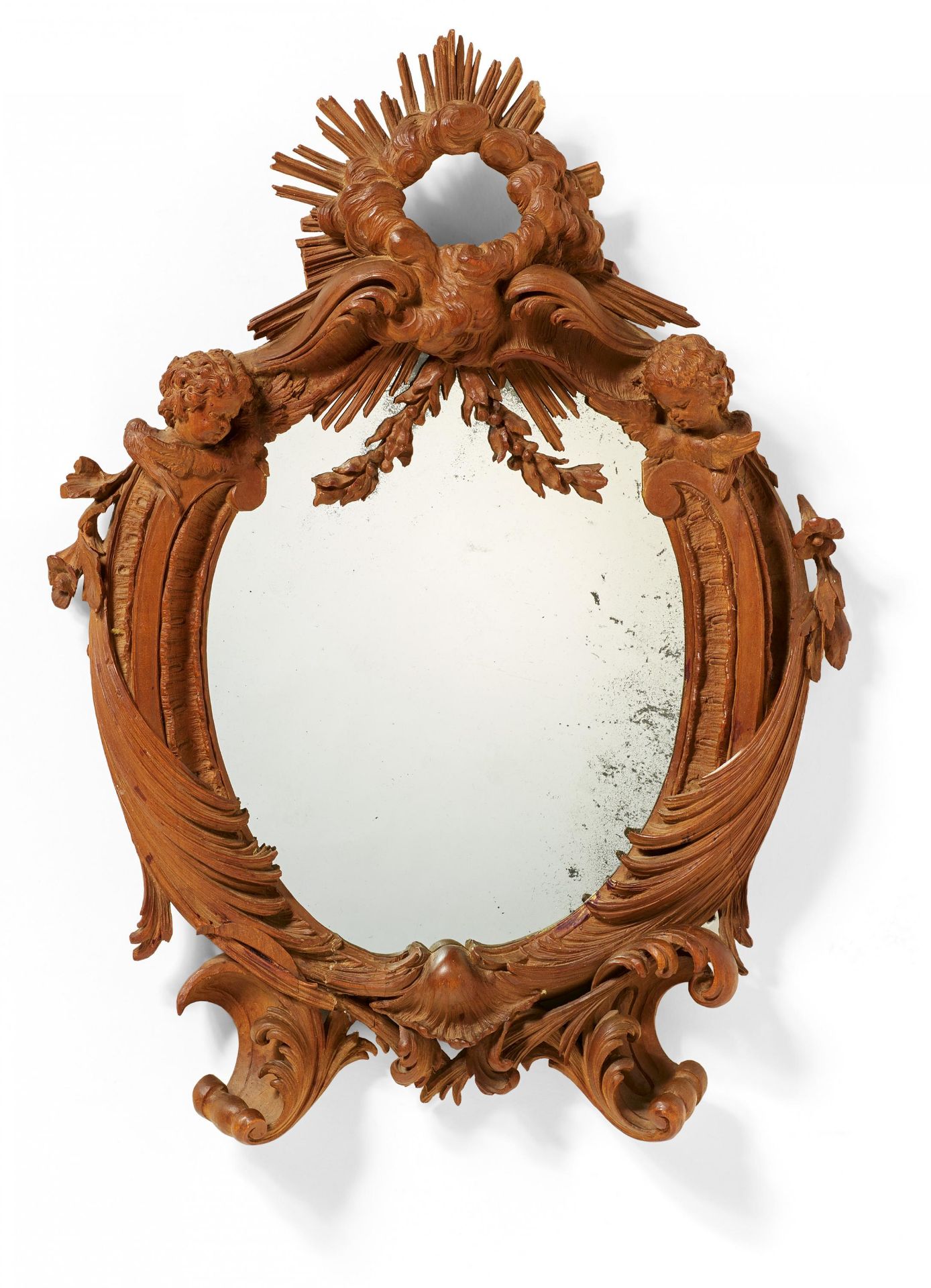 SMALL PEAR WOOD ROCOCO MIRROR CARTOUCHE OF MUSEUM-LIKE QUALITY. Würzburg. Date: Around 1770-75.