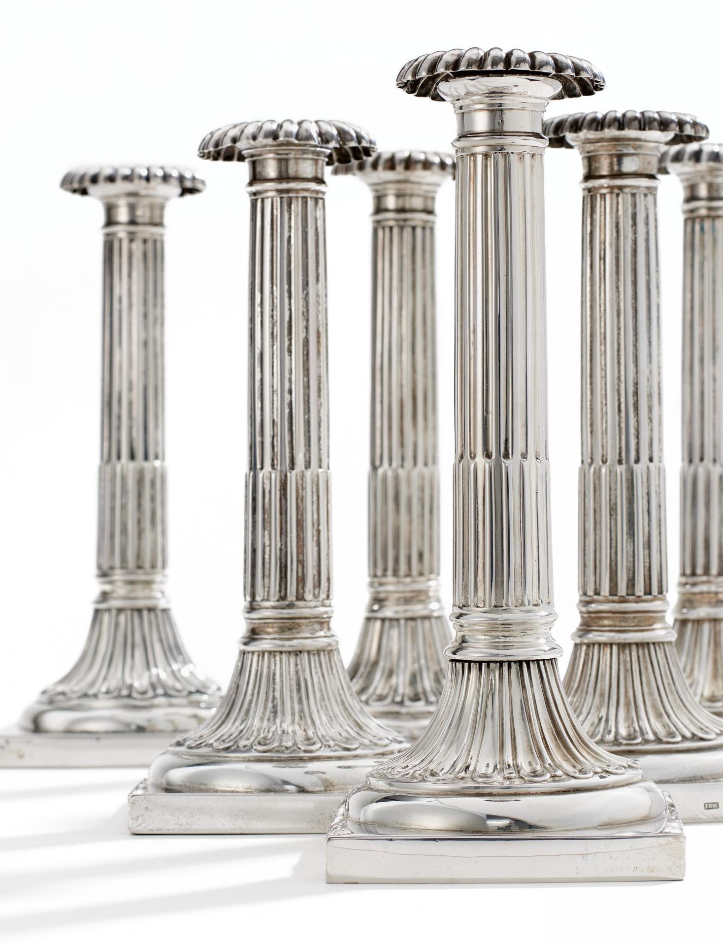 SIX MARVELOUS SILVER CANDLESTICKS WITH FLUTING DECOR. Augsburg. Date: 1781-1783. Maker/Designer: