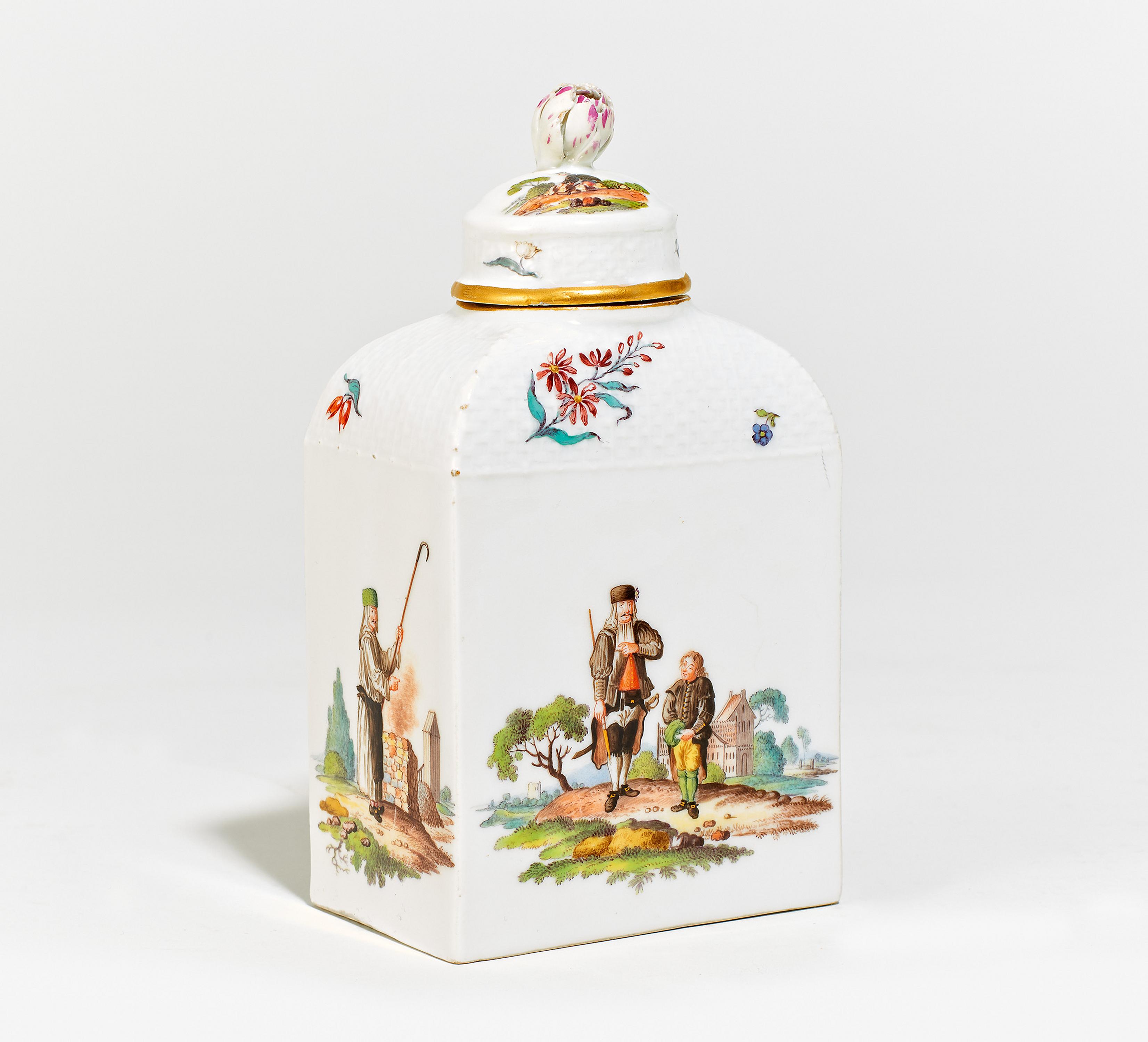 PORCELAIN TEA CADDY DEPICTING MINING SUBJECTS. Presumably Meissen. Date: 19th century. Technique: