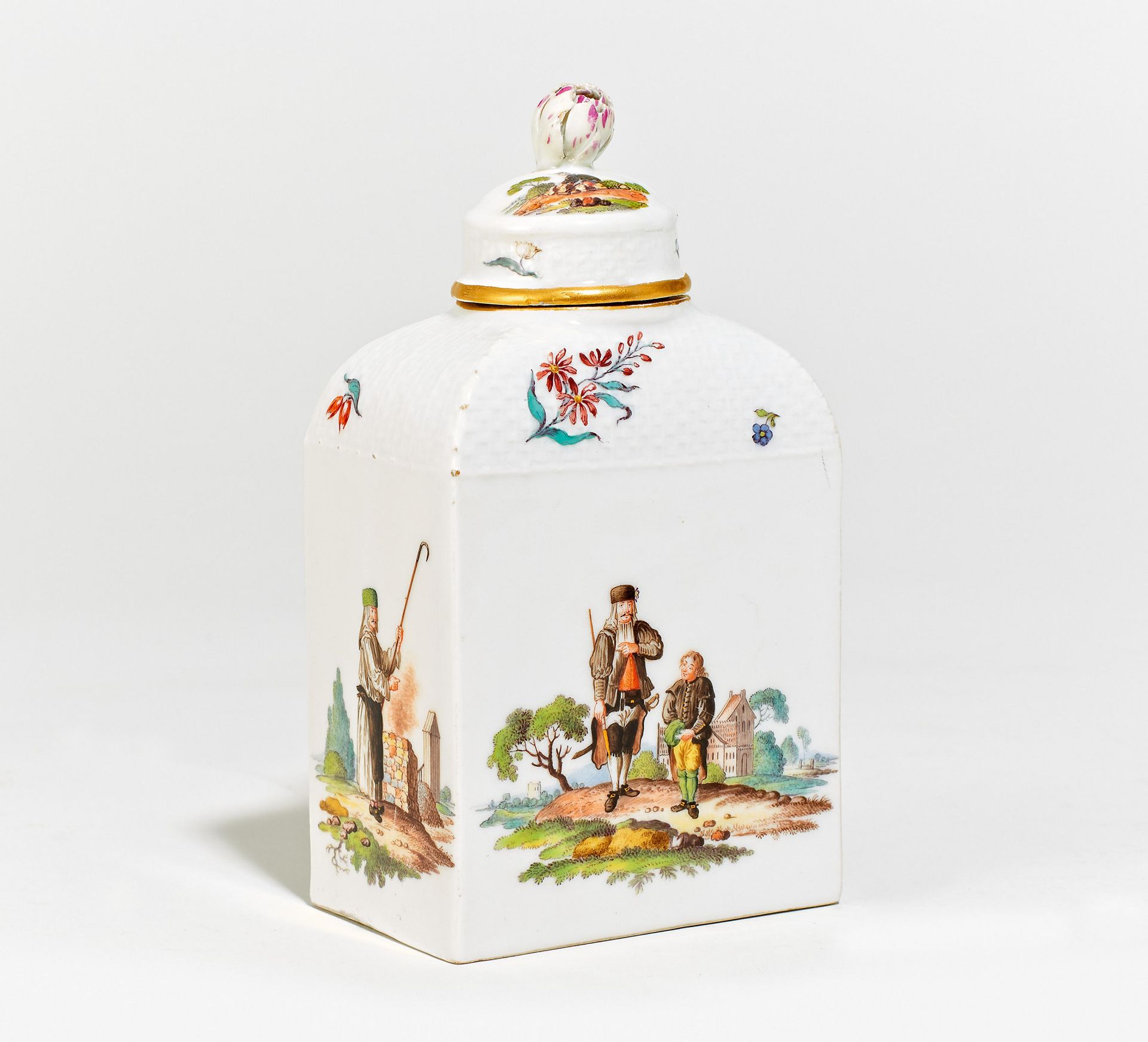 PORCELAIN TEA CADDY DEPICTING MINING SUBJECTS. Presumably Meissen. Date: 19th century. Technique: