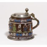 LARGE STONEWARE AND ENAMEL APOSTLE TANKARD WITH TIN MOUNTING. Creussen. Date: Mid 17th century.