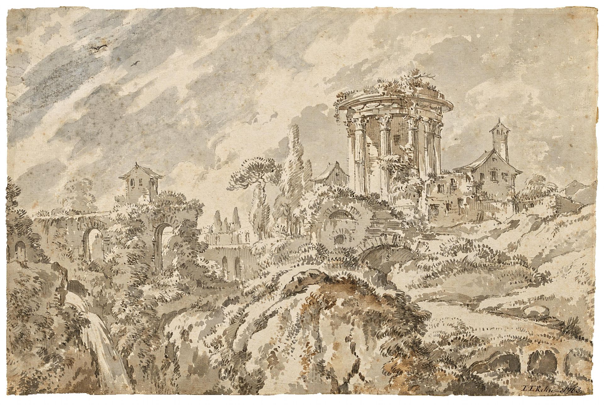 REHN, JEAN ERICStockholm 1717 - 1793Title: The Temple of Vesta in Tivoli. Technique: Watercolour pen